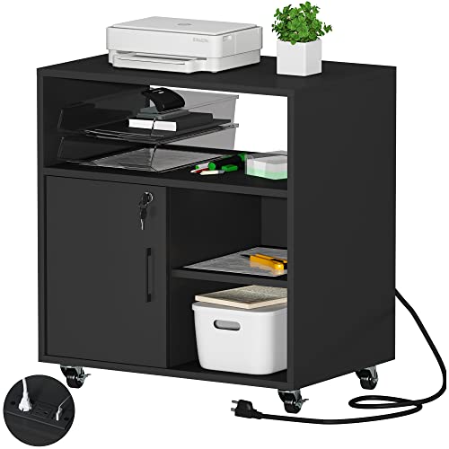 Choochoo Lateral File Cabinet With Charging Station, Rolling Filing Cabinet With Lock, Wood Lockable Printer Stand With Storage, Mobile Home Office Storage Cabinet For A4/Letter/Legal Size, Black #TOP2