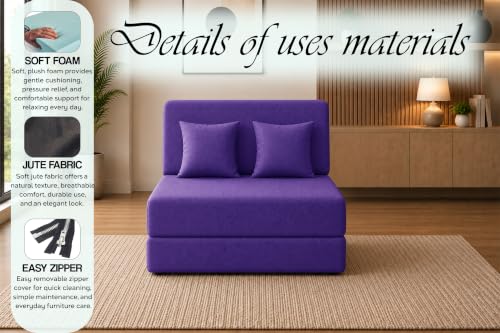 Image of Sofa Cum Bed with Jute Fabric, Convertible One Seater Sofa Bed 3x6 Ft, Comfortable Cushioned Seating, Space Saving Design for Living Room, Bedroom & Guest Room - Purple Color