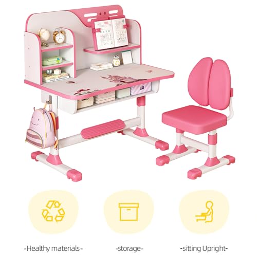 Image of Kids Desk and Chair Set with Castle Backboard - Height Adjustable Children's Study Table with Storage Drawer & Bookstand, Widened Desktop & Ergonomic Chair for Boys Girls 3-12 Years (Pink3)