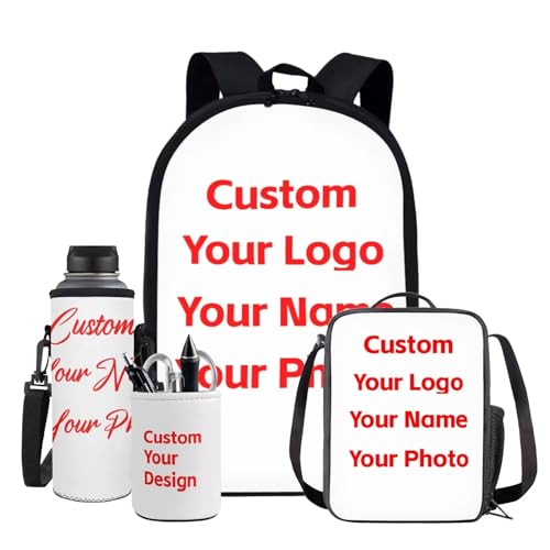 XXQGOMG Custom Design Backpack for Boy Girls with Lunch Box Pen Holder and Water Bottle Sleeve Daypack Book Bag Set 4 in 1