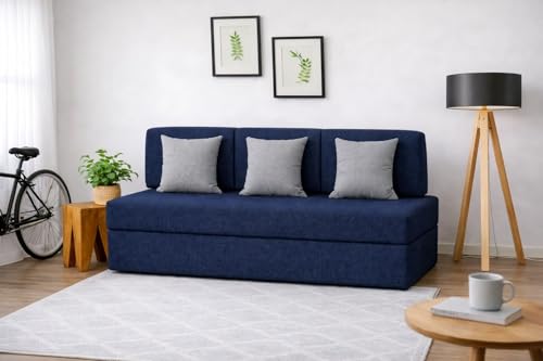 Image of Coirfit (4-in-1 Three Seater Sofa Cum Bed (1 Year Warranty) with 3 Free Cushions | Folding Sofa, Bed, Lounger, Diwan | Removable Washable Cover | Compact & Lightweight -Dark Blue 5x6 Feet