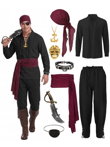 Dicxoser Pirate Costume for Men - 9-Piece Renaissance Medieval Pirate Outfit with Accessories for Halloween Cosplay and Themed Parties (Black-Black, L)