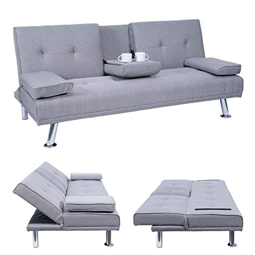 Mendler 3er-Sofa HWC-F60, Couch Schlafsofa Gästebett, Tassenhalter verstellbar 97x166cm - Textil, hellgrau