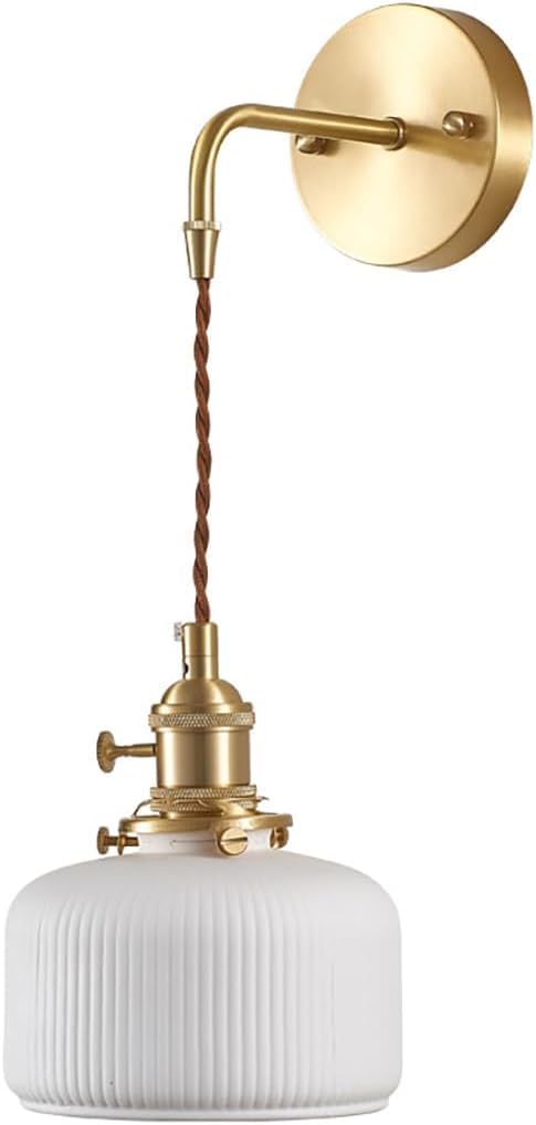 HUAYUSEDF Antique Wall Sconce Milk Glass Brass Mounted Light Mid Century Hardwired Industrial Farmhouse Lighting Hanging Gold for Bedroom Living Room Headboard(Round)