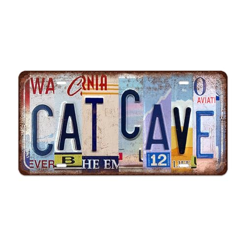 Cat Cave Metal Tin Sign Wall Decor Vintage Cat Cave License Plate Room Accessories Funny Cats Signs Bathroom Decor Street Sign Gifts for Home House 12x6 Inch