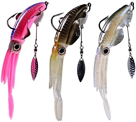 thkfish Squid Lures Saltwater Glow Luminous Squid Fishing Lures with Swimbait Hooks Weighted Underspin Hooks Blade Jig Head 3pcs Squid Lures 3pcs Weighted Blade Hooks