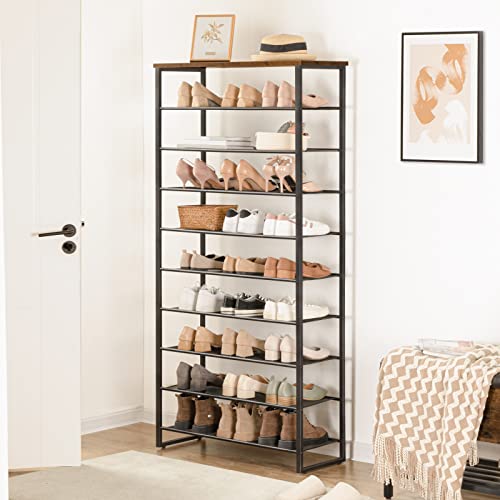 HOOBRO 10-Tier Shoe Rack, Large Capacity Shoe Storage Organizer, Shoe Storage Unit for 27-36 Pairs of Shoes, 75 x 28.5 x 159 cm, Tall Shoe Shelf, Detachable Metal Mesh, Rustic Brown EBF107XJ01