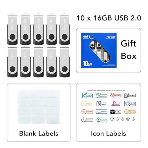 Image of Enfain 16GB USB 2.0 Flash Drive 10 Pack | Swivel Thumb Drives with 31 Labels | Gift-Ready Packaging for Corporate Events, Office & Team Distributions (Black)