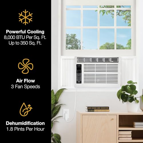 Image of Whirlpool 8,000 BTU Window Air Conditioner with Dehumidifier, White | 115V, 3 Speeds, Remote Control, 24H Timer, for Rooms up to 350 Sq. Ft., Living Room, Bedroom, or Apartment