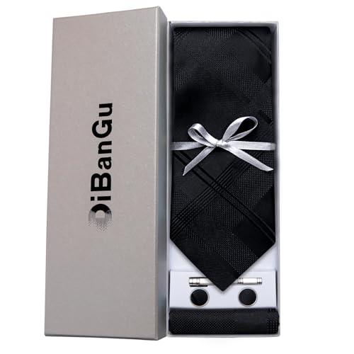 Image of DiBanGu Plaid Ties for Men Silk Checkered Necktie and Pocket Square Cufflinks Tie Clip Set with Gift Box for Wedding Business