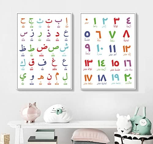 Arabic Islamic Wall Art Colorful Inspirational Quotes Wall Art Nursery Canvas Wall Decor Arabic Letters Alphabets Numerals Poster Prints Numbers Wall Art Kids Education Wall Poster 16x24inch No Frame