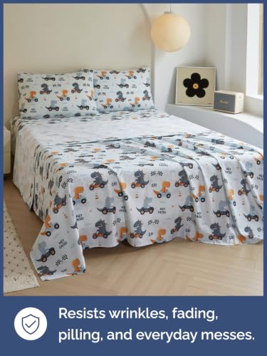 Image of Kids Queen Size Dinosaur Bed Sheets - 4 Piece Kids Dinosaur Sheet Set - Speedy Racecar Bedding - Ultra-Soft, Cute & Cozy - Breathable & Machine Washable - Fun Bed Set for Boys, Girls, Teens & Toddlers