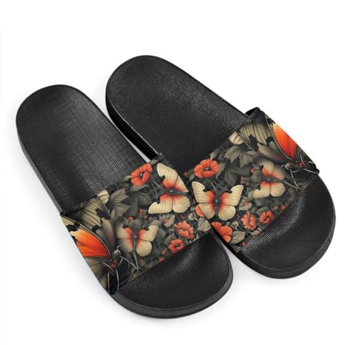Howilath EVA Single Band Slide Sandals, Vintage Butterfly Poppy Floral Print Soft Sole Open Toe Non Slip Flat Sandals for Women Girls 11.5