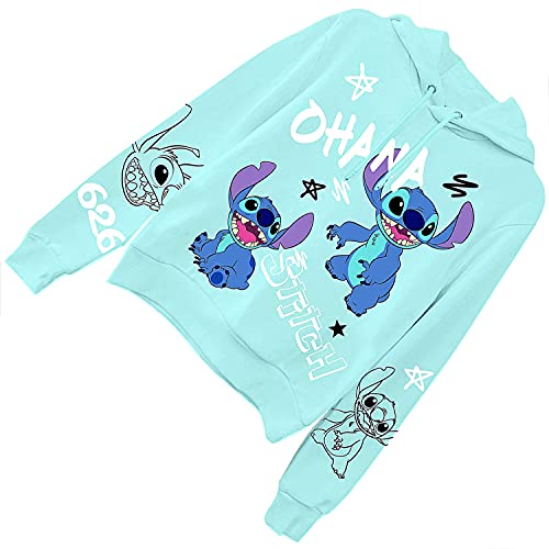 Ladies Lilo And Stitch Sweatshirt - Ladies Classic Lilo And Stitch Ohana - Multi Print Allover Hoodie Sweatshirt (Sky Blue Hoodie, Medium) #TOP3