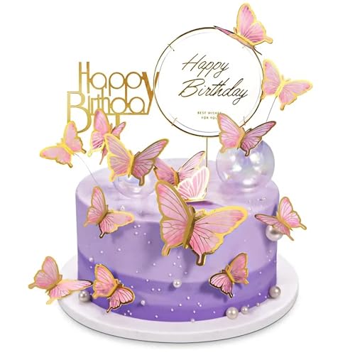 22 Pièces Décoration Gâteau Anniversaire Papillon pour Fête, Décoration Alimentaire (Rose)
