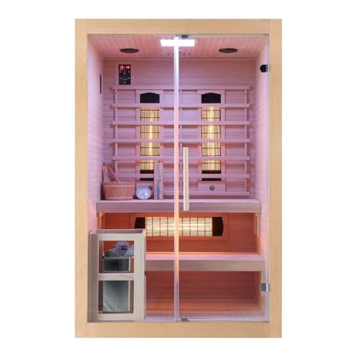 Cabina a infrarossi e sauna finlandese TWINCOMBI – 130 x 120 x 200 cm – per 2 persone, faretto a spettro completo, forno per sauna con pietre per sauna, luce a LED (7 colori), lettore MP3 incluso