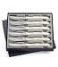 CUTCO #1869 set of 6 White (Pearl) Model 1759 Table Knives, each in a factory-sealed plastic bag inside attractive blue CUTCO gift box..............3.8" Double-D® serrated 440A High-Carbon, Stainless Steel blades and 5" handle.