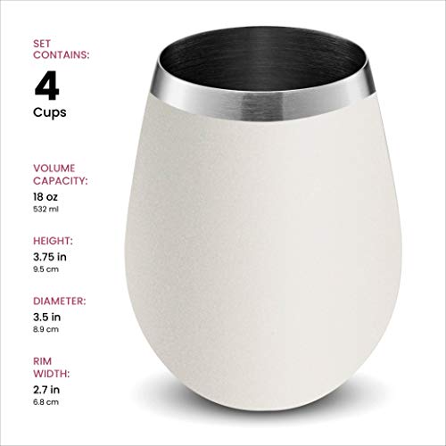 Unbreakable Wine Glasses - 18 Ounce Set of 4 Wine glasses. Premium Grade 18/8 Stainless Steel Red & White Stemless Wine Glasses set, (Pure Pearly White)