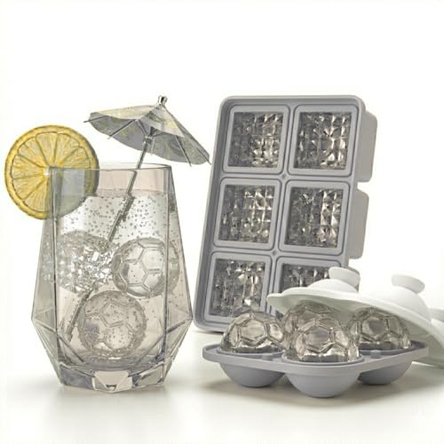 Image of Premium Combo of Large 3D Crystal Square Ice Cube Tray & Football Shaped Silicone Molds for Chilling Drinks, Chocolates, Juice, Jelly and Many More. Pack of 2 (Gray)