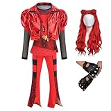 Yuiui Girls Red Costume Set Jacket Shirt Flared Pants Wig Gloves 5pcs Outfit Halloween Christmas Party 3-14Y (110)