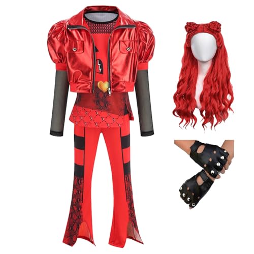 Yuiui Girls Red Costume Set Jacket Shirt Flared Pants Wig Gloves 5pcs Outfit Halloween Christmas Party 3-14Y (140)