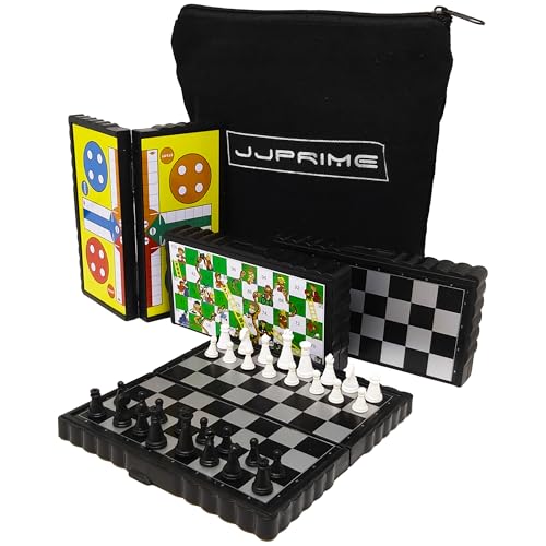 JJPRIME - 4 Klassische Spaß Reise Brettspiele - Snake and Ladder Checkers Schach Ludo Kompakte Mini Magnetische Würfel Spiel Faltschachtel Set Geschenk Weihnachten Weihnachtsgeburtstagsfeier