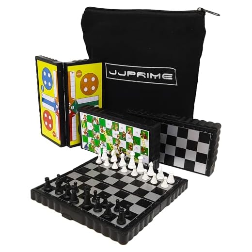 JJPRIME - 4 Klassische Spaß Reise Brettspiele - Snake and Ladder Checkers Schach Ludo Kompakte Mini Magnetische Würfel Spiel Faltschachtel Set Geschenk Weihnachten Weihnachtsgeburtstagsfeier