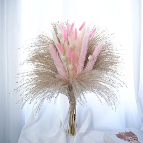 crafity 65pcs Pampasgras Deko Trockenblumen Strauß Rosa Pampasstrauß 44cm Getrocknete Blumenstrauß für Hochzeit Zuhause Tischdeko Whonzimmer Trockenblumenarrangement