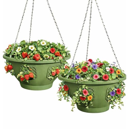 smart spring Ultimate Hanging Basket Strawberry & Flower Planter 6 Side Planting Spaces Drainage Hole 1 Water Reservoir Zinc-Plated Chain Included Made in The USA (Sagebrush Green)