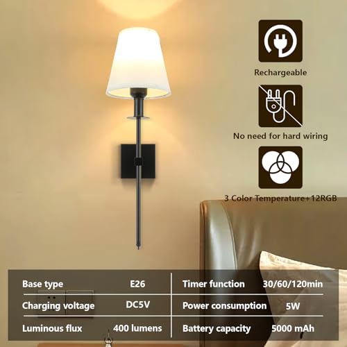 Image of Yexati Rechargeable Battery Operated Wall Sconces Set of 2 - Wireless Wall Lights for Bedroom with Remote and 5000mAh Dimmable Bulbs Timmer Design 12 Colors Wireless Wall Lamps for Bedroom Living Room