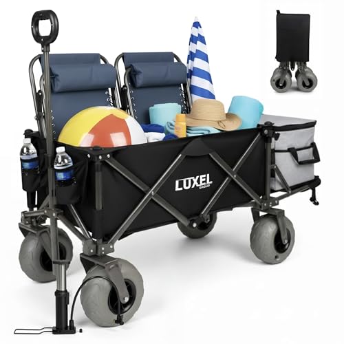 Beach Wagon Cart with Big Wheels for Sand - Heavy Duty Collapsible Folding Utility Wagon 300lb Capacity with 9” All-Terrain Pneumatic Tires & Cup Holders - Portable Garden Camping Outdoor Cart (Black)