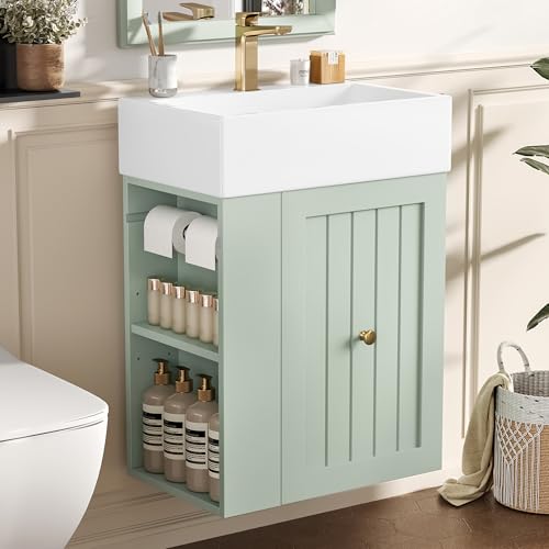 GDFStudio Carter 20" Modern Bathroom Vanity with Sink, Wall Mounted Vanity Organizer with Drawer and Side Shelf, Vanity Bathroom Cabinet for Compact Spaces, Single Sink Bathroom Vanity, Green by GDFStudio - Used condition - US$120.33