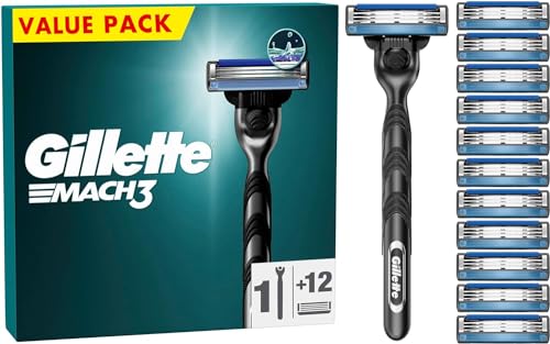 Gillette Mach3 Herrenrasierer + 12 Rasierklingen-Nachfüllungen, 3 Klingen für eine glatte Rasur, passend für alle Mach3-Griffe
