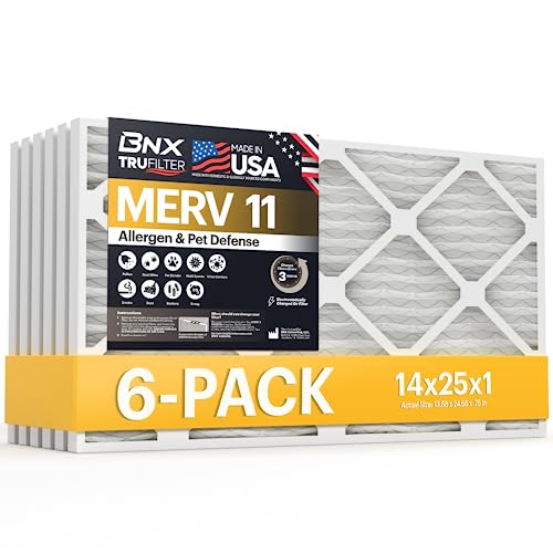 Image of BNX TruFilter 14x25x1 Air Filter MERV 11 (6-Pack) - MADE IN USA - Allergen Defense Electrostatic Pleated Air Conditioner HVAC AC Furnace Filters for Allergies, Dust, Pet, Smoke, Allergy MPR 1200 FPR 7