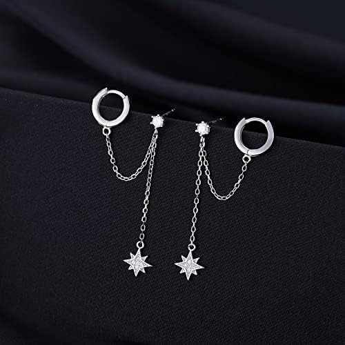 SLUYNZ 925 Sterling Silver Small Hoop Cuff Earrings Wrap for Women Teen Girls Double Piercing Earrings Chain Cartilage Helix Earrings Star Tassel