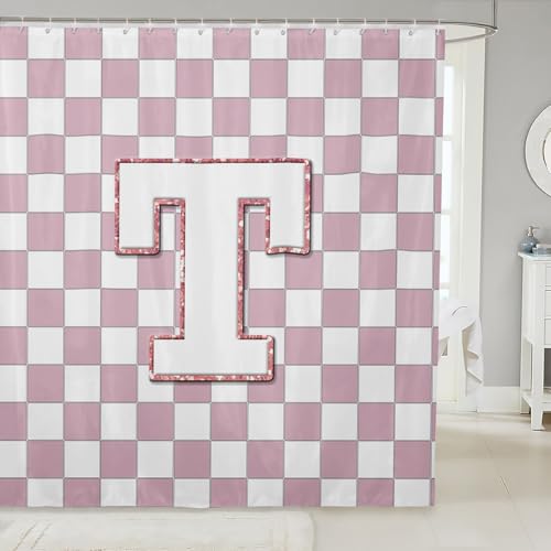 Image of Erosebridal Pink Initial T Shower Curtain 72 inch Wx72 L Kawaii Plaid Checkered Bathroom Curtain Cute Personalized Monogram Bathroom Accessories for Kids Girls,Fashion Grids Gingham Shower Decor