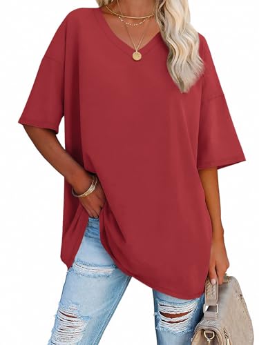 Image of ATHMILE Womens Oversized Shirts V Neck Plus Size Spring Workout Summer Tops Beach Vacation 2026 Gym Clothes Basic Tee