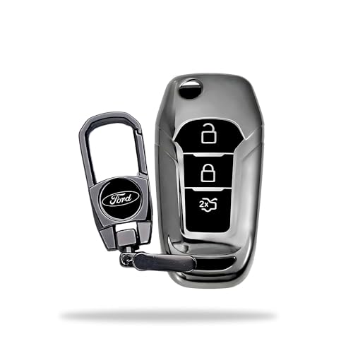 Image of SIAGO Premium TPU Car Key Cover and Metal Keychain Compatible with Endeavour, Figo Aspire, Freestyle 2017, 2018, 2019 3 Button Flip Key (Grey)
