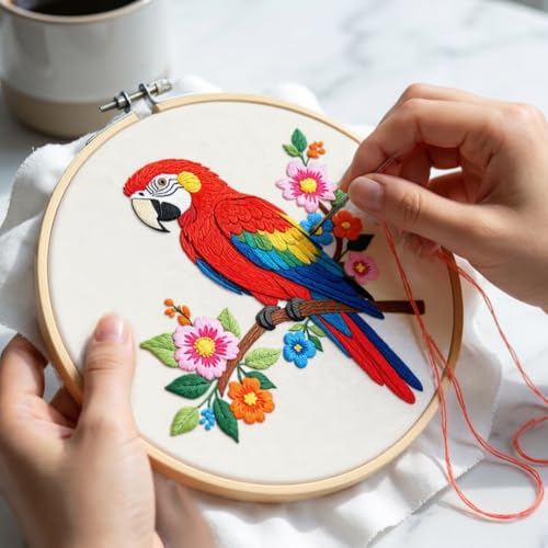 Image of Nuberlic Parrot Embroidery Kit for Beginners, Animal Cross Stitch Kit | Includes Printed Fabric, Hoop, Threads, Needles And Guide; Colorful Parrot Design For DIY Wall Decor, Gifts And Relaxing Art