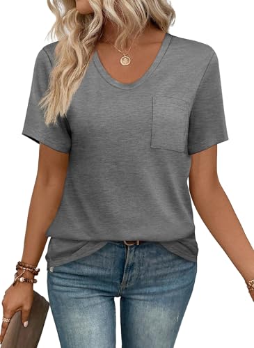 WIHOLL Summer Tshirts for Women Sexy Scoop-Neck Casual Longline Tops Grey L