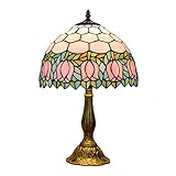 ティファニースタイルテーブルランプヨーロッパハンドメイドピンクチューリップステンドグラス読書テーブルランプの横にアンティークアルミニウムベースの寝室研究、E27