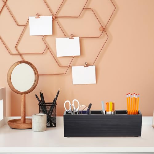 Image of Jetec Wooden Pencil Pen Holder for Desk 6 Compartments Cosmetic Makeup Brush Stationery Office Desktop Organizers for Countertop Adjustable Silverware Caddy for Party, Art Supplies, Home Decor(Black)