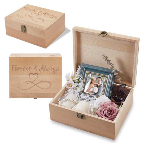 arricraft 1 Pc Wood Memory Keepsake Box, Forever and Always Memory Box with Hinged Lids Infinite Love Keepsake Chest for Wedding Anniversary Photo Letter Storage Valentine's Day Gift 9.6x7.6x4inch