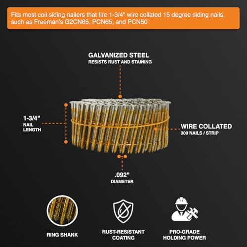 Freeman 15° 1-3/4" Wire Collated Electrogalvanized Ring Shank Coil Siding Nails – 3,600 Count – For Siding, Wall Sheathing, and Roofing by Freeman - Image 4