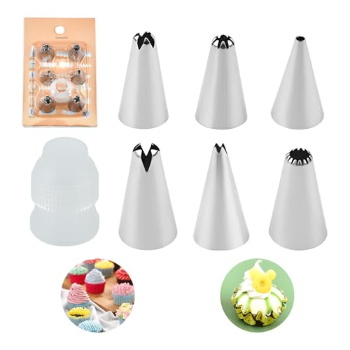 Piping Nozzles Kit 6 Pcs with 1 Coupler, Stainless Steel Piping Bags and Nozzles Set, Reusable Piping Tips Cake Decorating Tools for Cupcakes Cream Baking Decorating