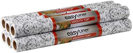 Smooth Top EasyLiner for Cabinets & Drawers - Easy to Install & Cut to Fit - Shelf Paper & Drawer Liner Non Adhesive - Non Slip Shelf Liner - 20in. x 6ft. - 6 Roll Project Pack - Grey Damask