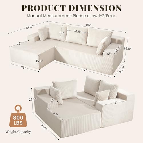 Image of GRUSIGN Cloud Sectional Boneless Couches for Living Room, Modular L Shaped Couch with Deep Seat Oversized Left Facing Chaise, Memory Foam Compressed Spineless 3 Seater Sofa for Apartment, Beige