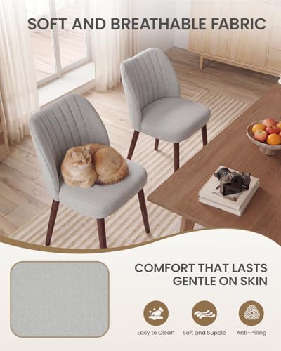 Image of Upholstered Dining Chairs Set of 6, Farmhouse Fabric Kitchen Chairs with Solid Wood Legs, Modern Dining Room Chairs for Restaurant & Cafe, Light Grey