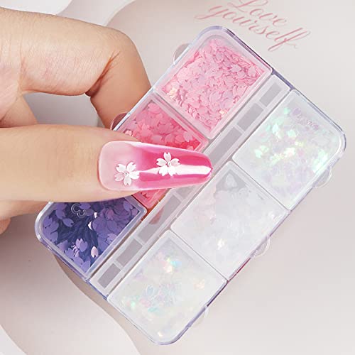 Holographic Nail Art Glitter Sequins, 6 Grids Cherry Blossom Nail Sequins 3D Sakura Flower Petals Nail Flakes Nail Supplies For Women Girls Acrylic Nail Decoration Crafts(Cherry Blossom) #TOP6