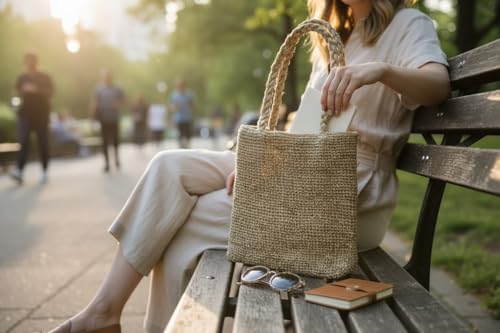 Bolso tote de hombro tejido a mano en cáñamo natural miniatura 3
